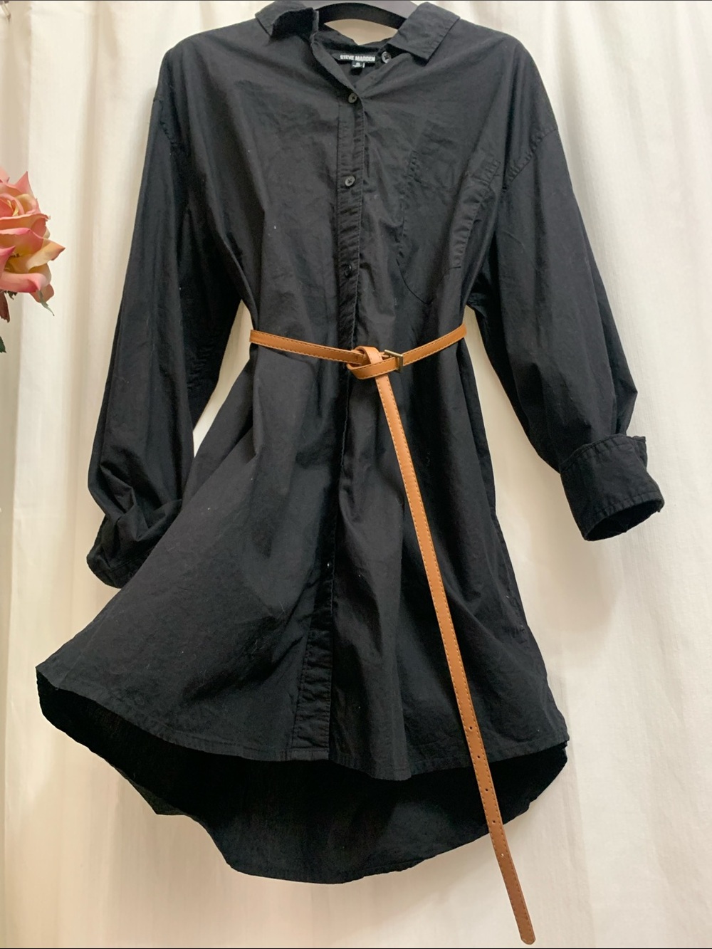Steve Madden Black Cotton Long Sleeve Button-Down Mini Shirt Dress
